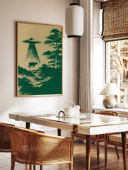 UFO abducting a cow in an illustrative green print on textured background, in a styled room mockup