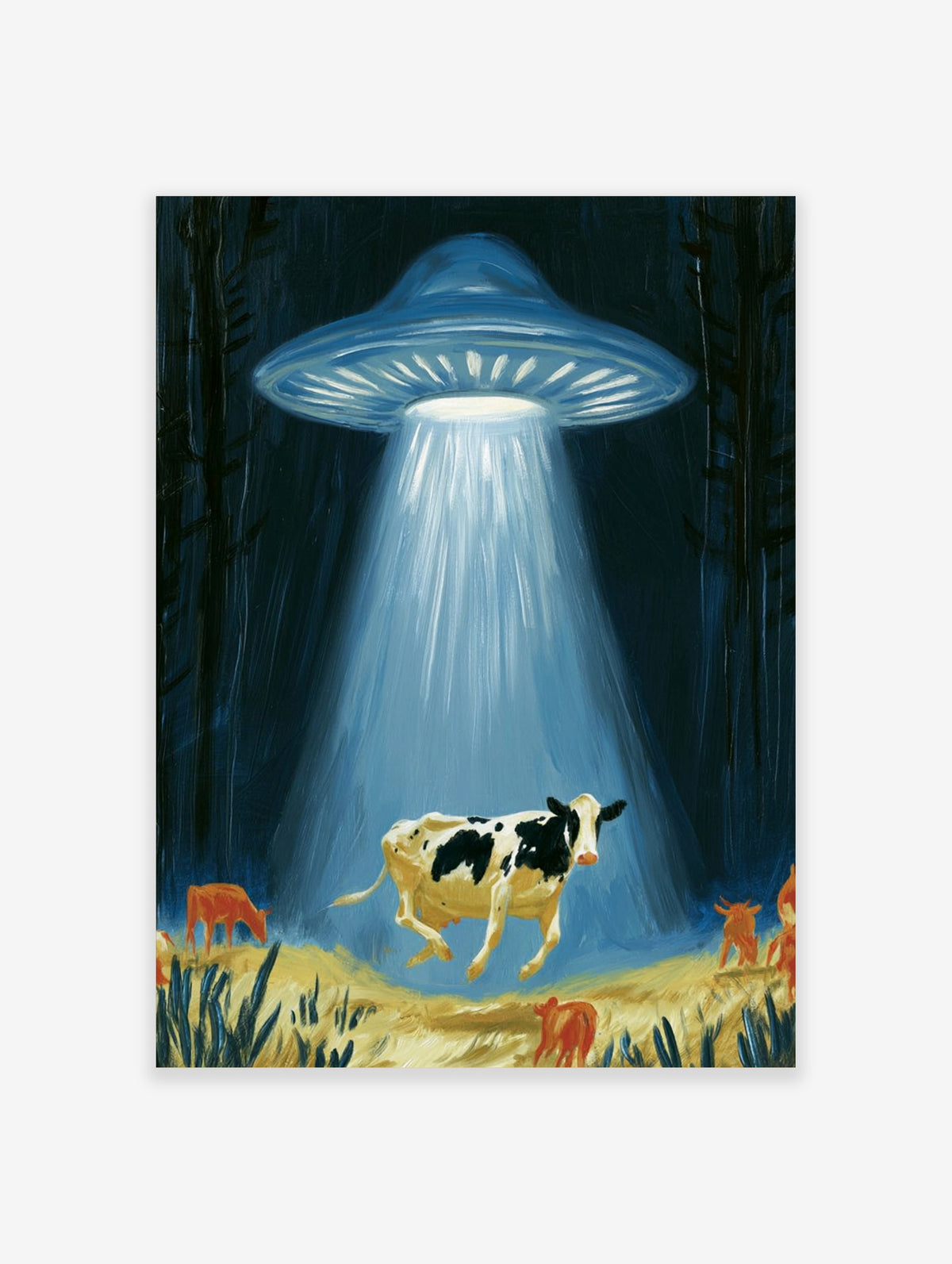 Surreal illustrative art print of a UFO abducting a cow with a glowing light beam in a dark forest field