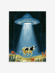 Surreal illustrative art print of a UFO abducting a cow with a glowing light beam in a dark forest field