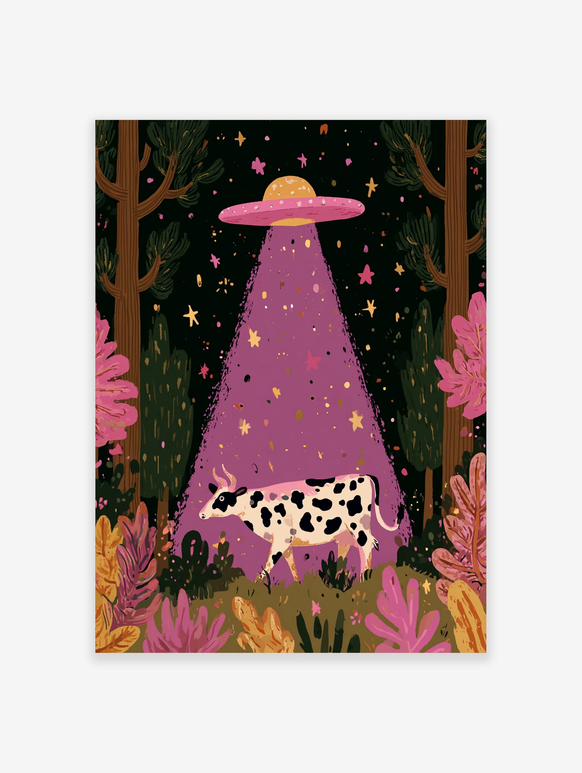 Whimsical illustrative wall art of a black and white cow being abducted by a purple UFO beam in a starry forest