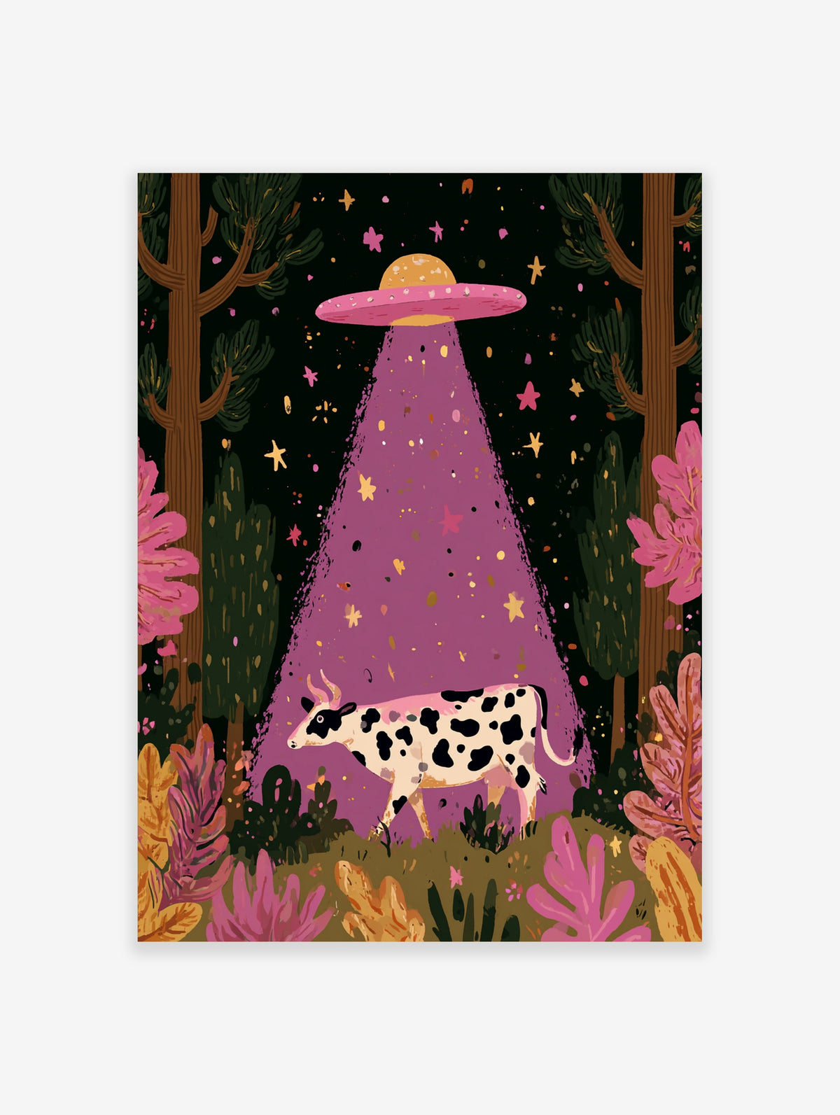 Whimsical illustrative wall art of a black and white cow being abducted by a purple UFO beam in a starry forest