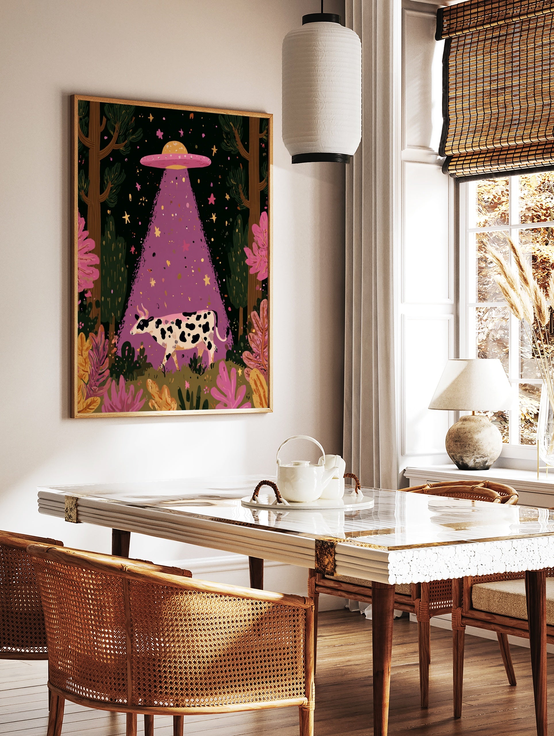 Whimsical illustrative wall art of a black and white cow being abducted by a purple UFO beam in a, in a styled room mockup