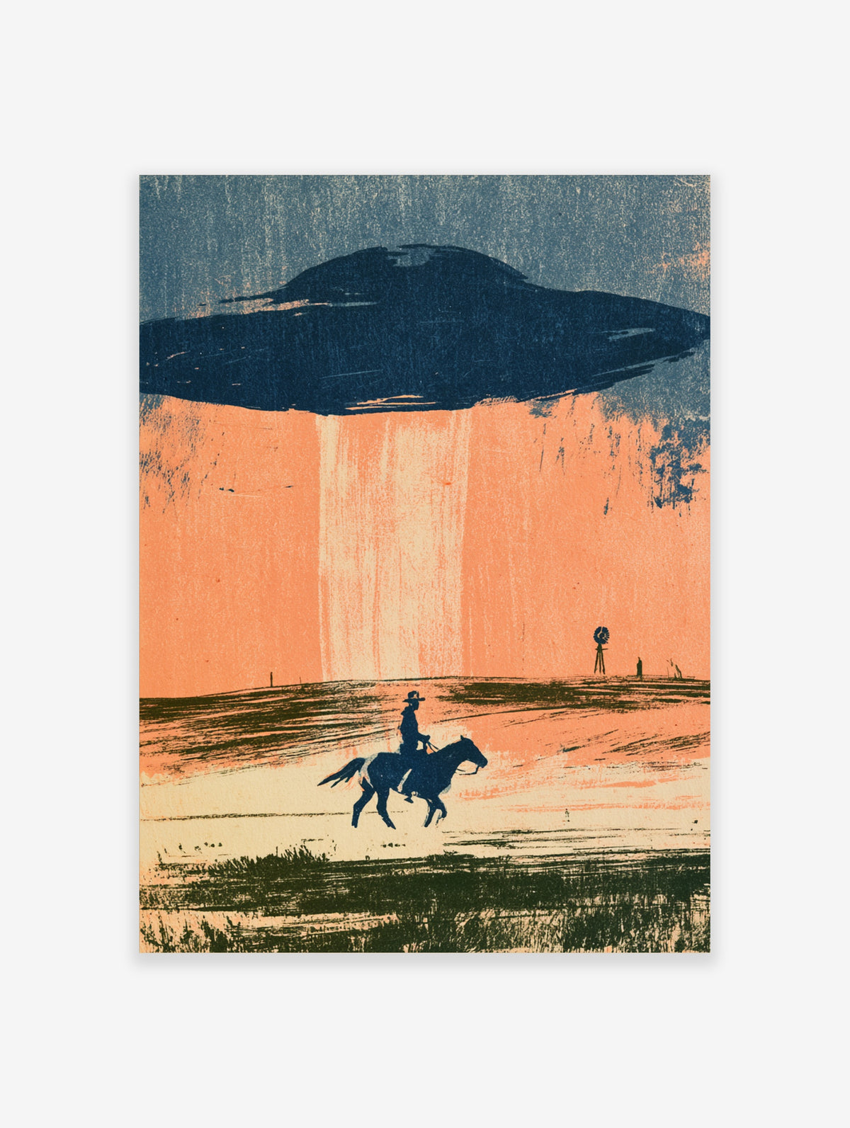 UFO cowboy poster with silhouetted rider on horseback, dark saucer, orange sky and windmill
