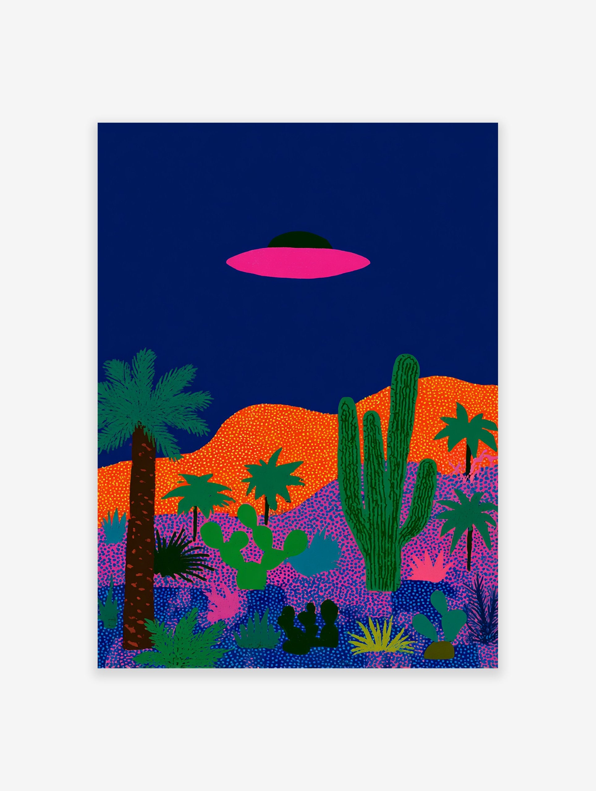 Illustrated UFO desert landscape poster with a pink flying saucer, green cacti, and palm trees against a dark blue sky.