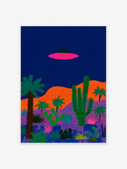 Illustrated UFO desert landscape poster with a pink flying saucer, green cacti, and palm trees against a dark blue sky.