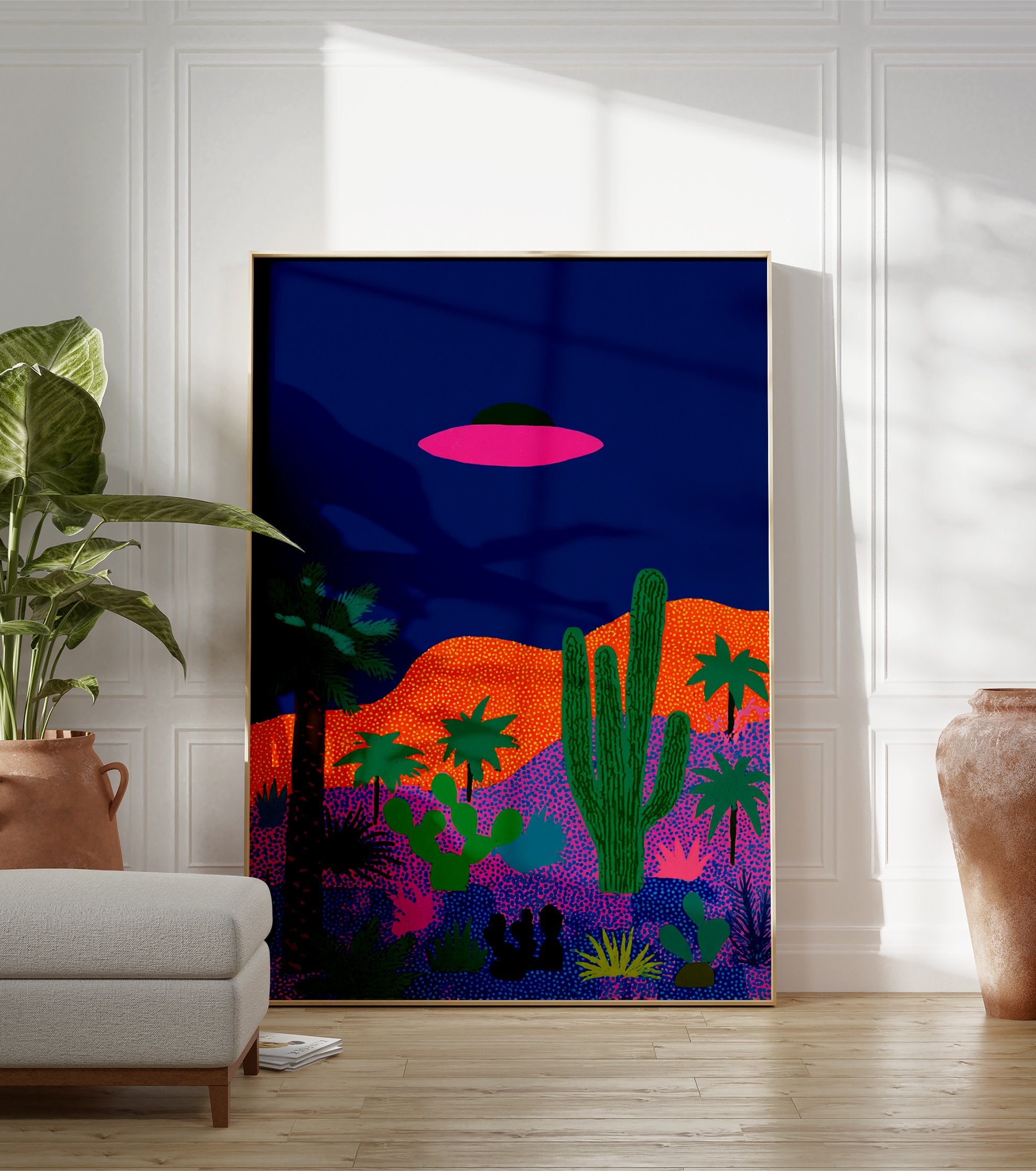 Illustrated UFO desert landscape poster with a pink flying saucer, green cacti, and palm trees against a dark blue sky. - Image 3