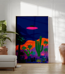 Illustrated UFO desert landscape poster with a pink flying saucer, green cacti, and palm trees against a dark blue sky. - Image 3