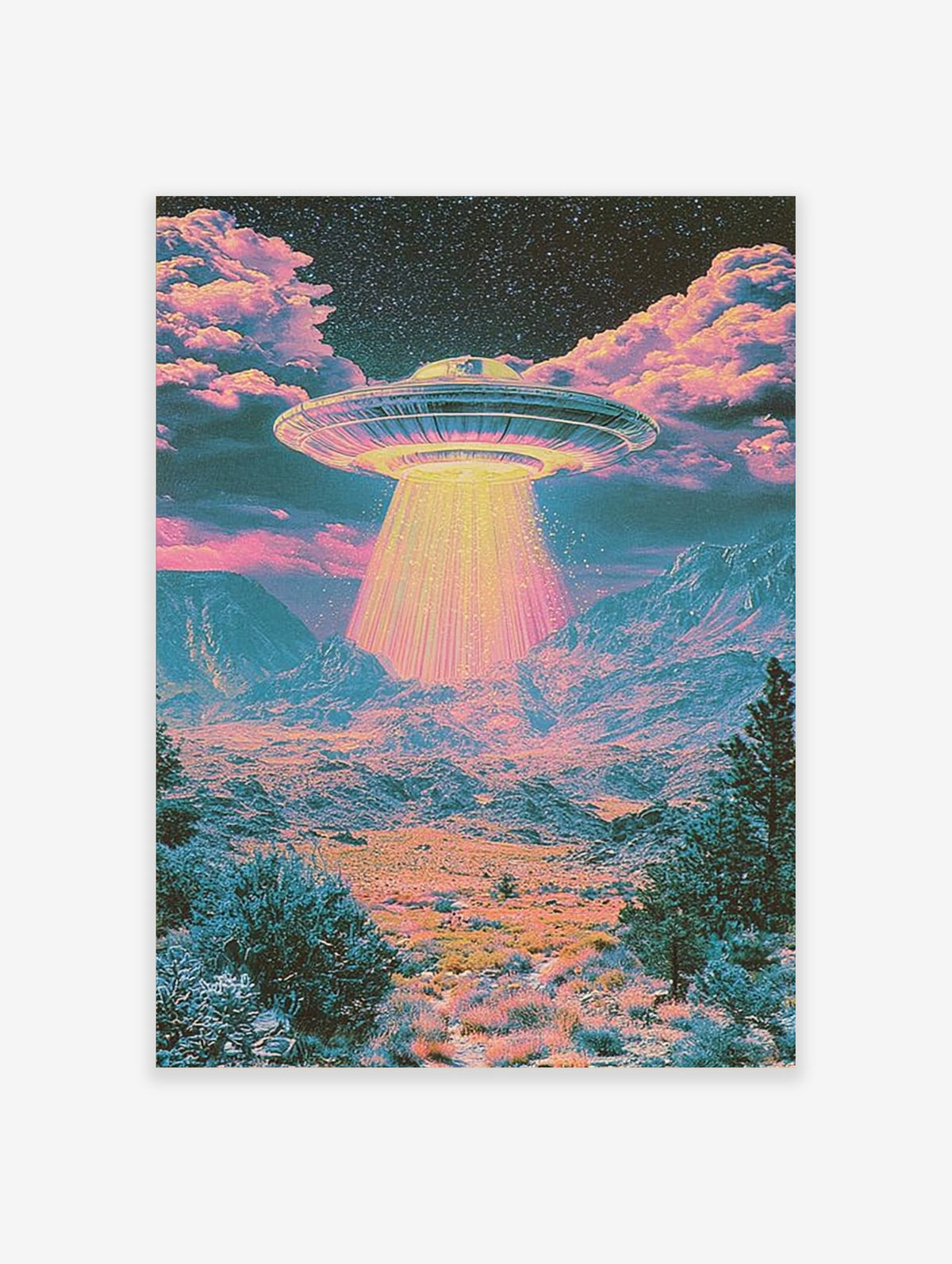 Psychedelic UFO desert landscape wall art print with vibrant pink and teal colours and a glowing saucer
