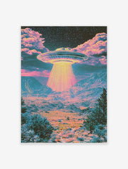 Psychedelic UFO desert landscape wall art print with vibrant pink and teal colours and a glowing saucer