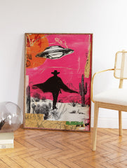 UFO desert wall art with a cowboy silhouette, cacti, and a pink sky in a mixed media collage style. - Image 2