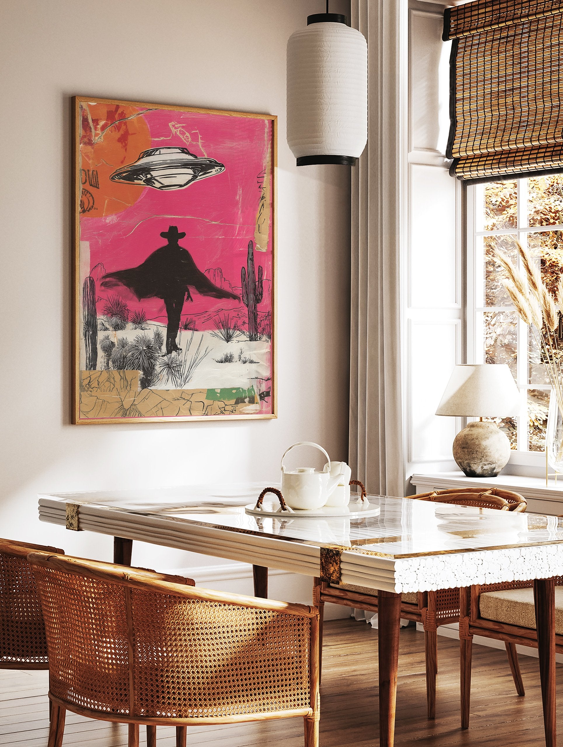 UFO desert wall art with a cowboy silhouette, cacti, and a pink sky in a mixed media collage style. - Image 3