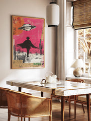 UFO desert wall art with a cowboy silhouette, cacti, and a pink sky in a mixed media collage style. - Image 3