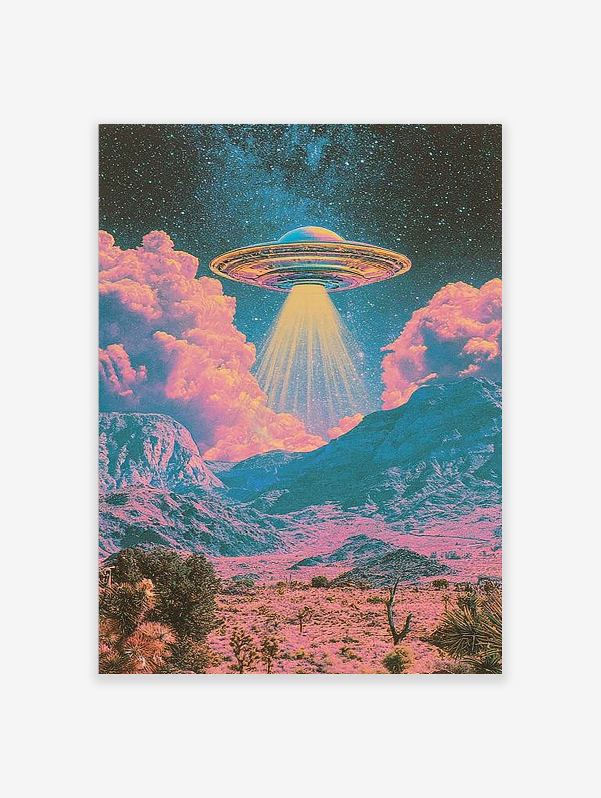 Retro sci-fi UFO hovering above a pink and teal desert landscape with stars in the night sky, illustrative wall art