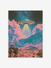 Retro sci-fi UFO hovering above a pink and teal desert landscape with stars in the night sky, illustrative wall art