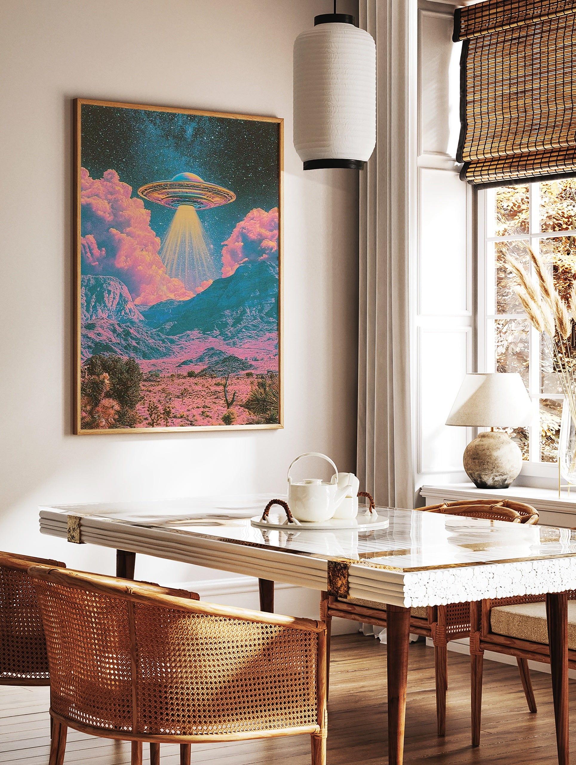 Retro sci-fi UFO hovering above a pink and teal desert landscape with stars in the night sky, in a styled room mockup