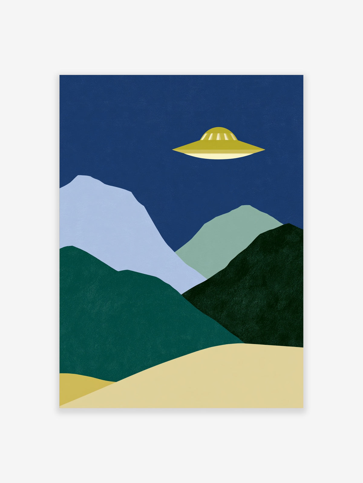 Modern UFO landscape wall art print featuring minimalist mountains and a yellow UFO against a deep blue sky