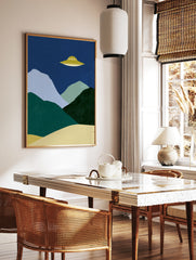 Modern UFO landscape wall art print featuring minimalist mountains and a yellow UFO against a deep, in a styled room mockup