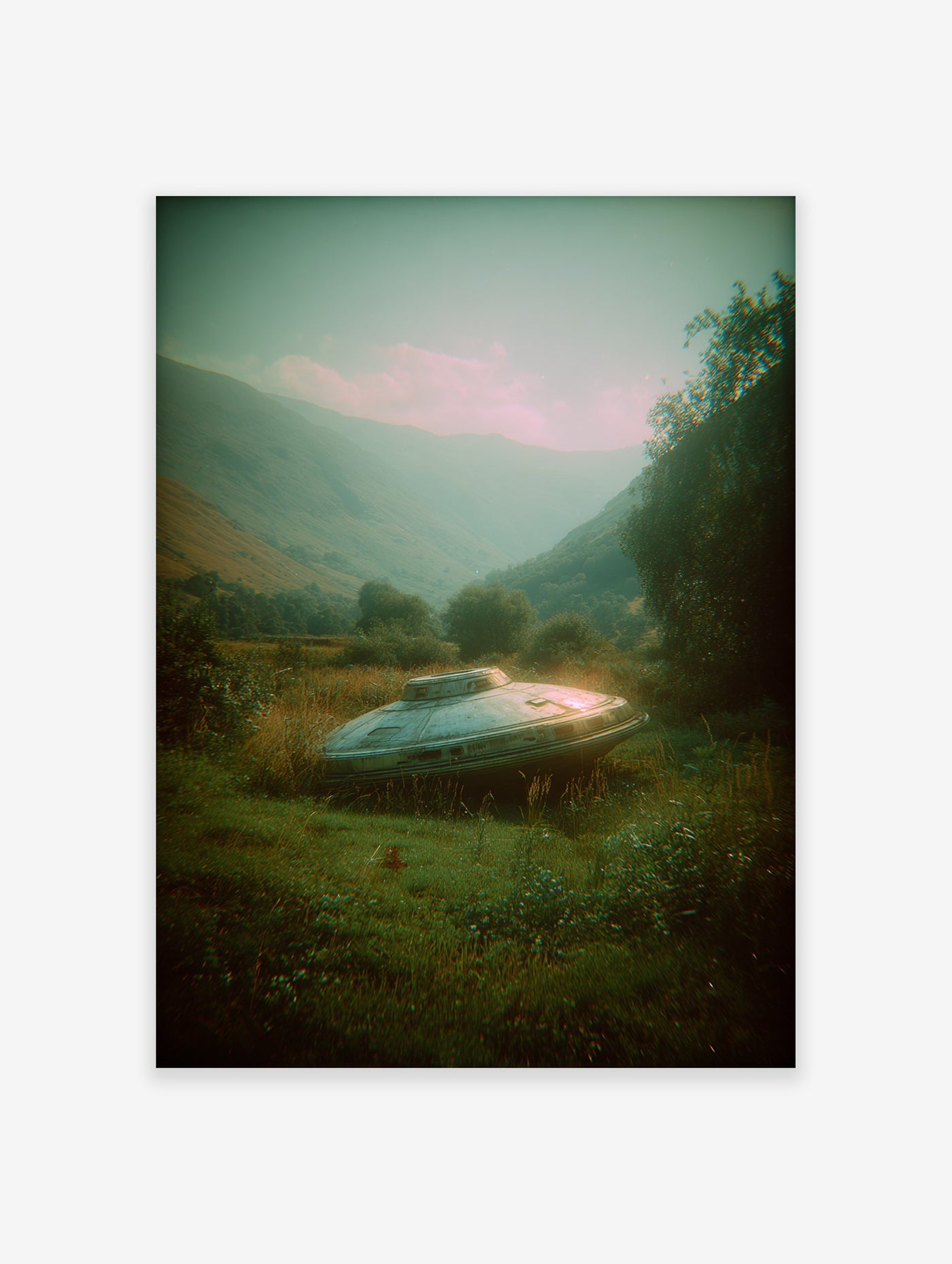 Mysterious UFO alien spaceship landed in a vibrant green, misty mountain landscape, creating unique sci-fi wall art.