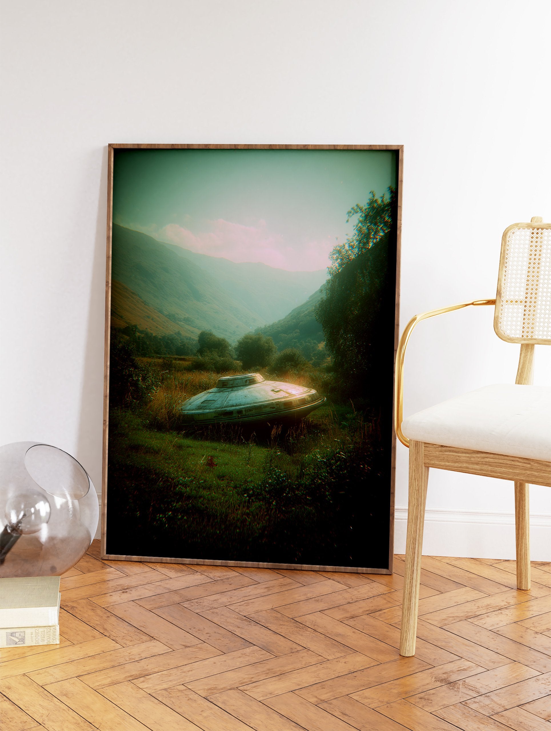 Mysterious UFO alien spaceship landed in a vibrant green, misty mountain landscape, creating unique sci-fi wall art. - Image 2