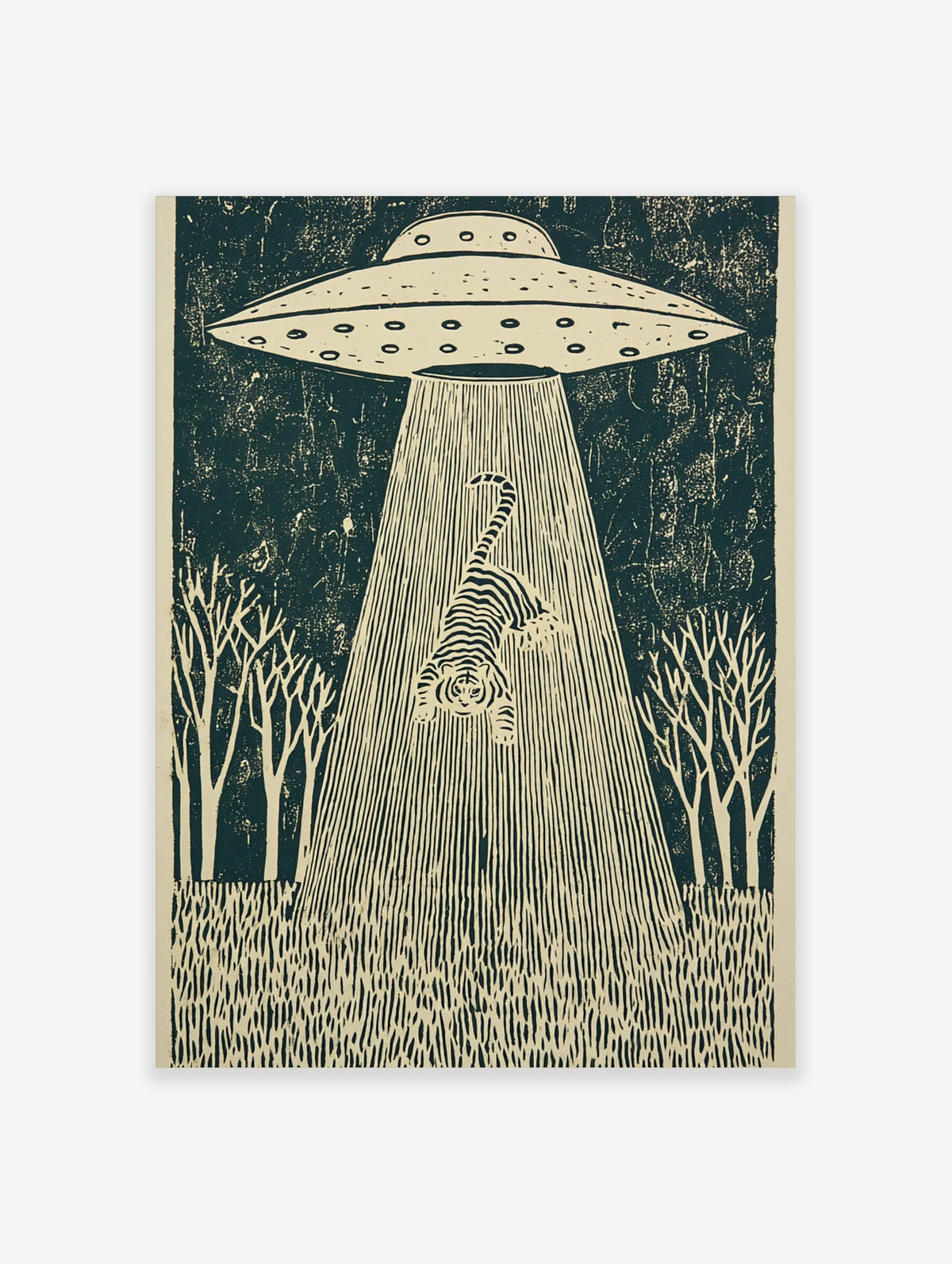 UFO abducting a striped tiger in a dark forest scene, illustrative linocut style wall art print