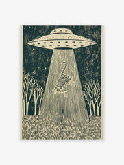 UFO abducting a striped tiger in a dark forest scene, illustrative linocut style wall art print