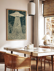UFO abducting a striped tiger in a dark forest scene, illustrative linocut style wall art print, in a styled room mockup