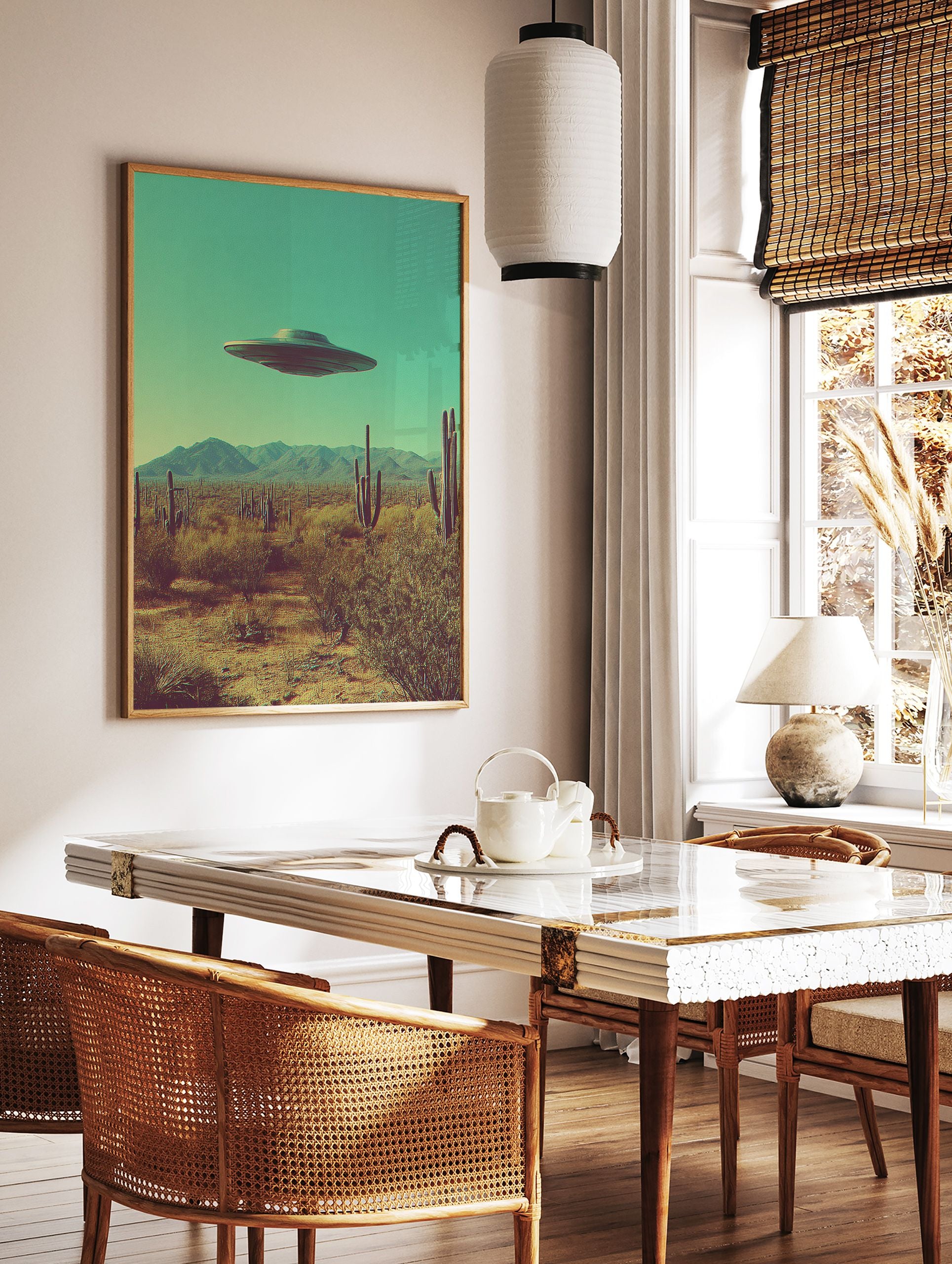 Retro UFO wall art print featuring a flying saucer hovering over a desert landscape with cacti and mountains under a teal sky. - Image 3