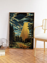 UFO Wall Art illustration showing a flying saucer hovering over a dark forest, emitting a strong golden light beam downwards. - Image 2