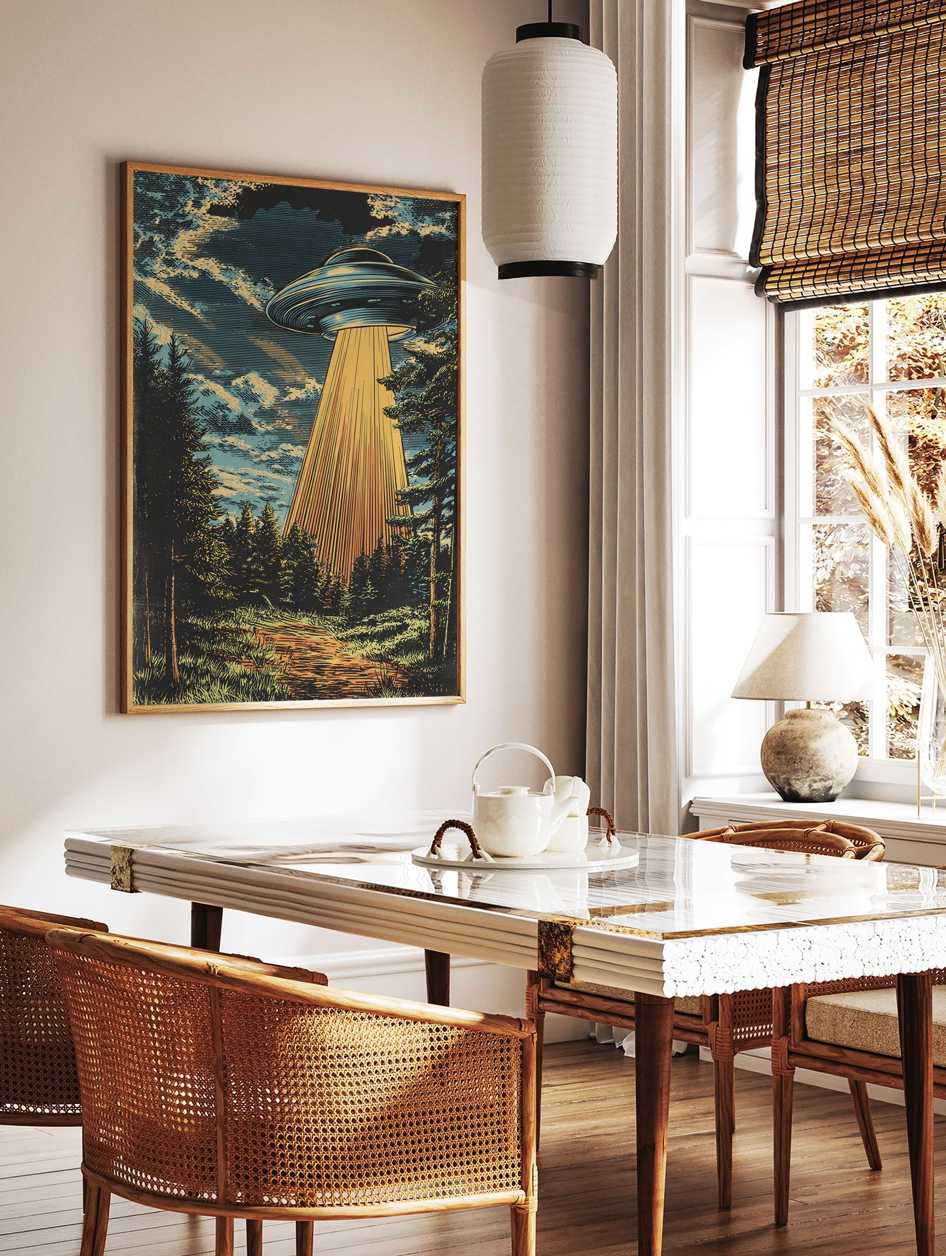 UFO Wall Art illustration showing a flying saucer hovering over a dark forest, emitting a strong golden light beam downwards. - Image 3