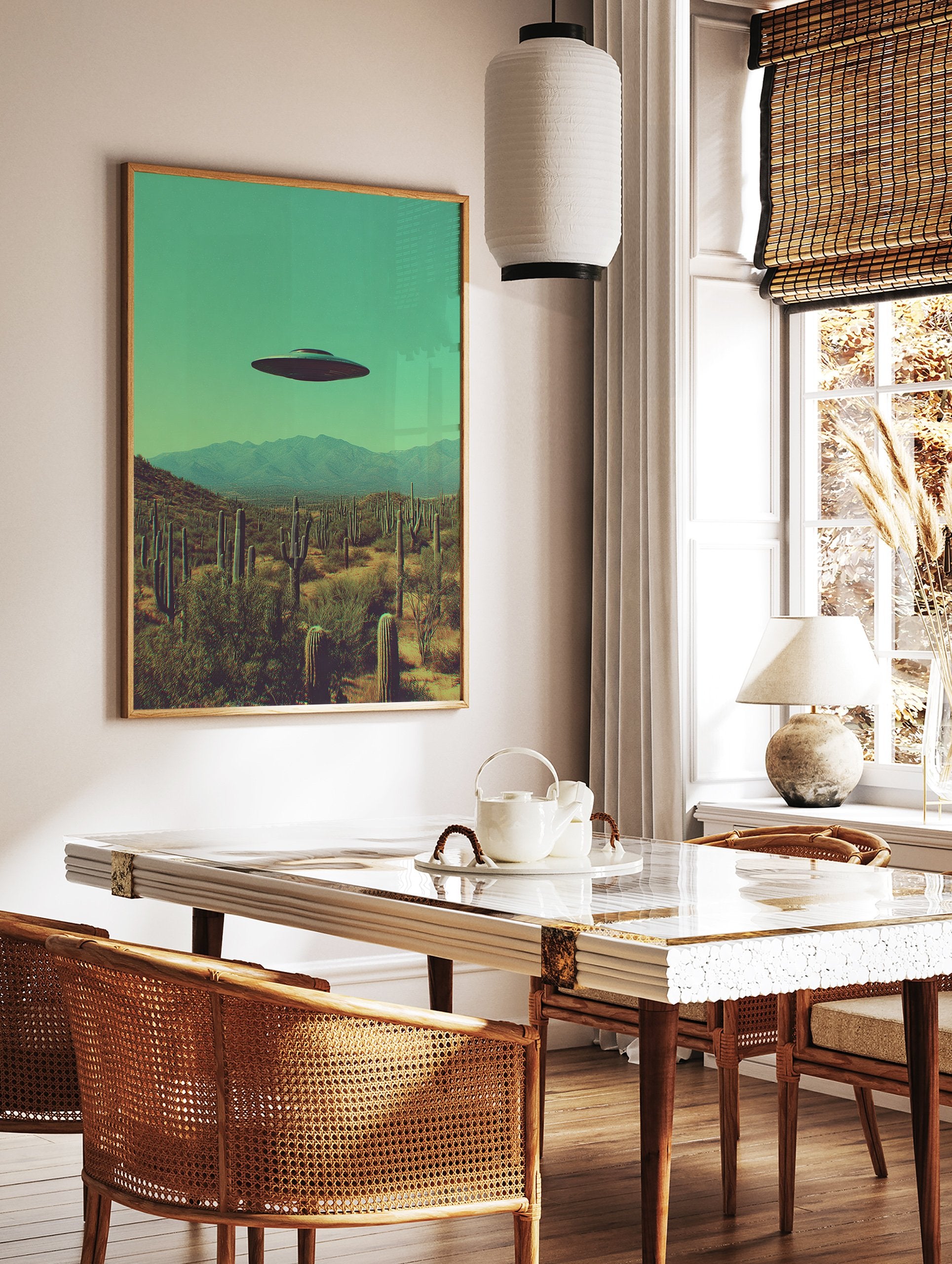 UFO flying saucer hovering over a desert landscape with saguaro cacti and mountains under a teal sky, surreal wall art. - Image 3