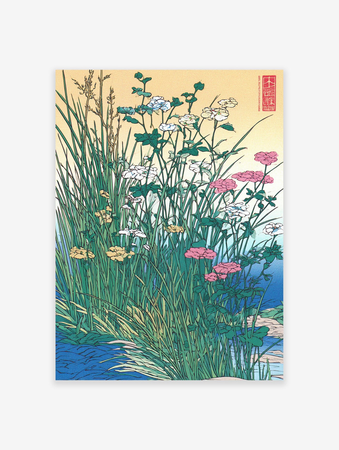 Japanese Ukiyo-e botanical wall art print with green grasses, white, pink, and yellow wildflowers by a blue river.