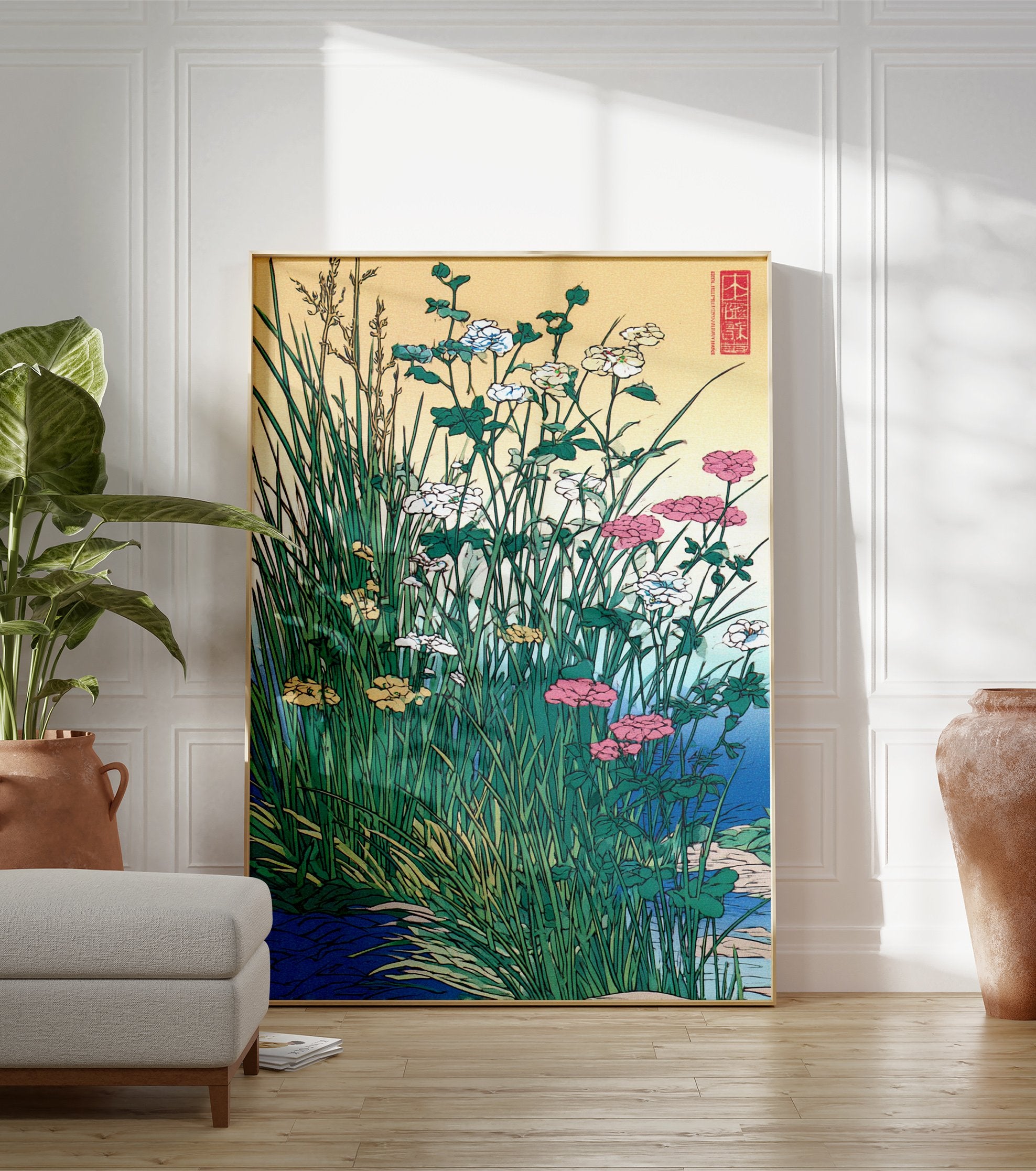 Japanese Ukiyo-e botanical wall art print with green grasses, white, pink, and yellow wildflowers by a blue river. - Image 3