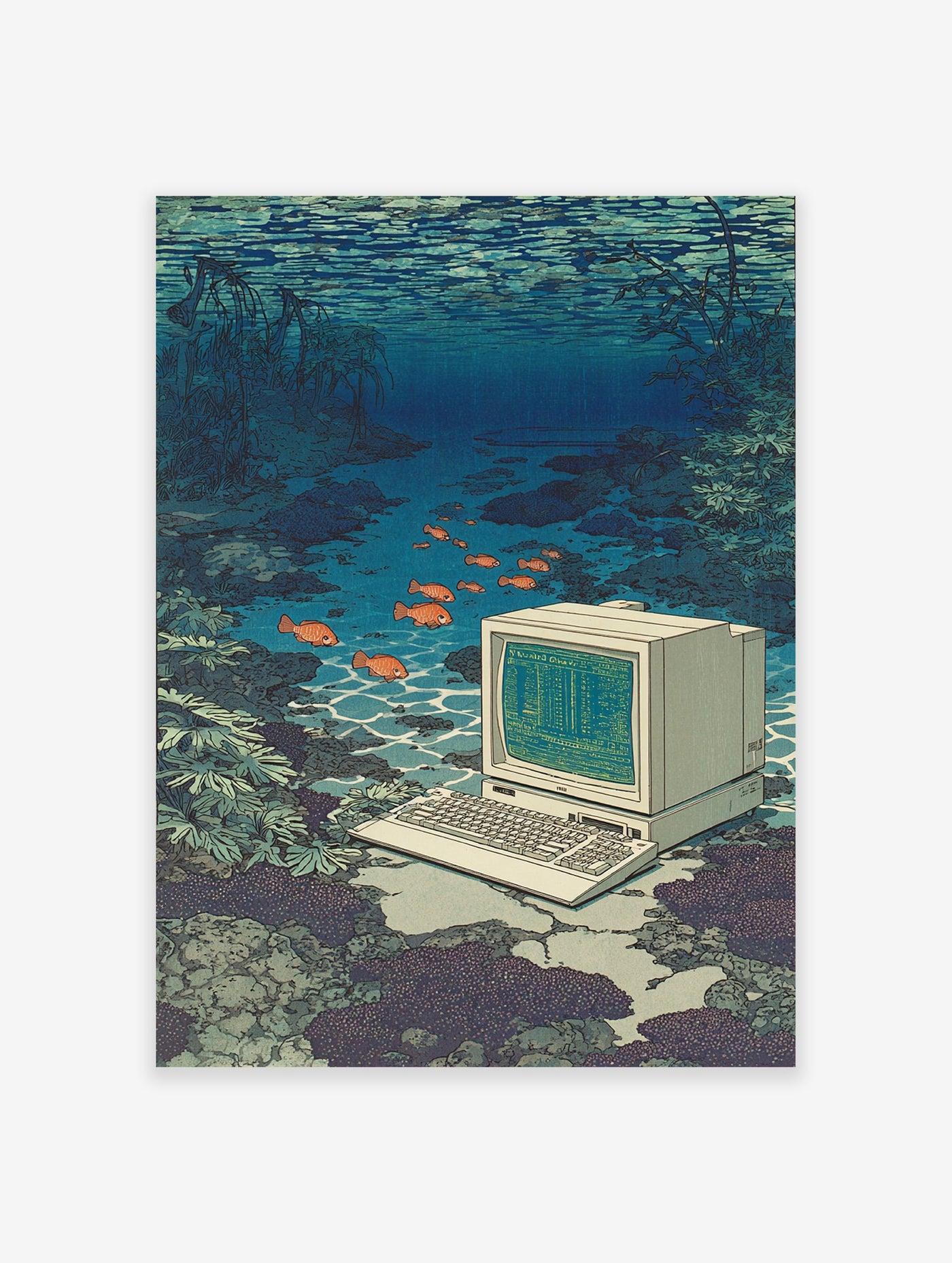 Underwater computer art print featuring a retro PC and keyboard submerged in water with orange fish and aquatic plants.