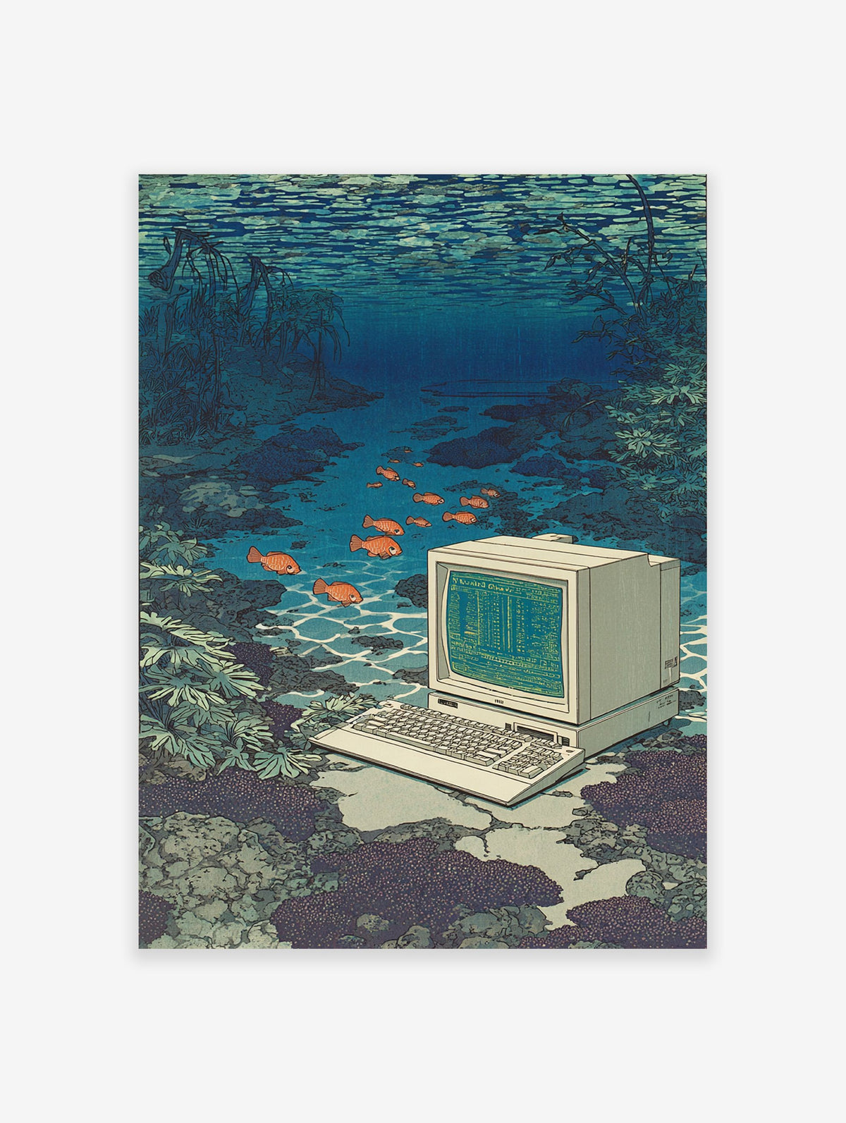 Underwater computer art print featuring a retro PC and keyboard submerged in water with orange fish and aquatic plants.