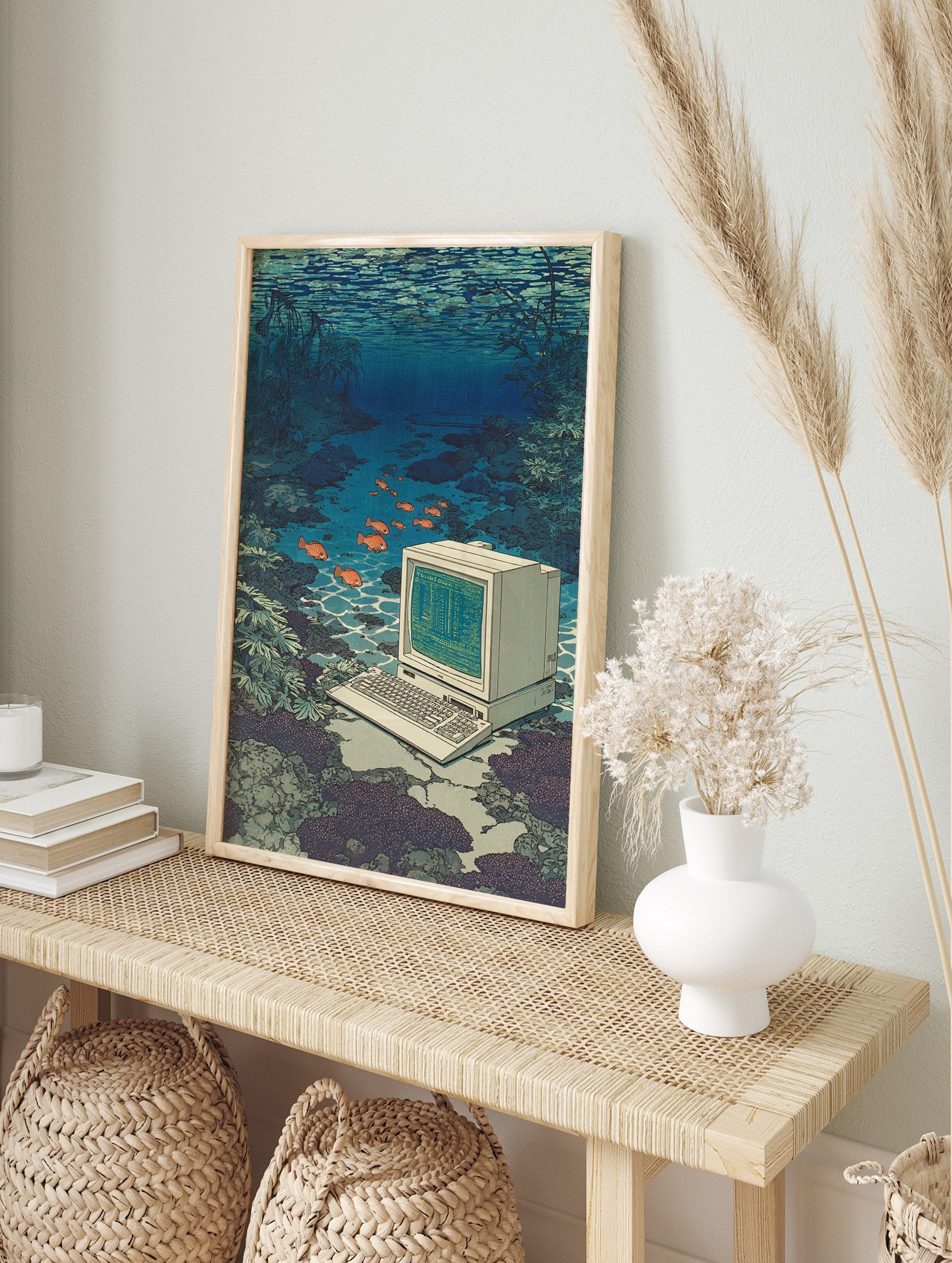 Underwater computer art print featuring a retro PC and keyboard submerged in water with orange fish and aquatic plants. - Image 3