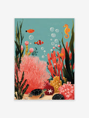Illustrative underwater scene with clownfish, seahorse, sea turtle, and colourful coral reef