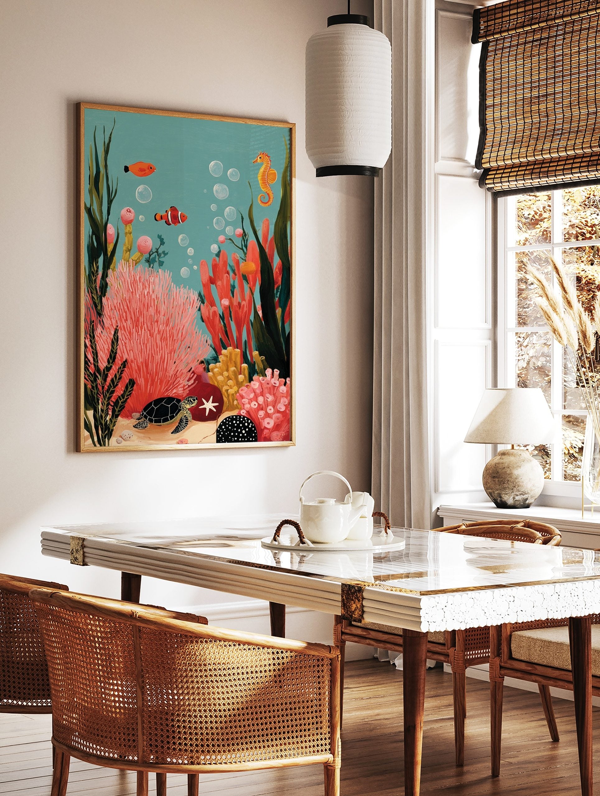 Illustrative underwater scene with clownfish, seahorse, sea turtle, and colourful coral reef, in a styled room mockup