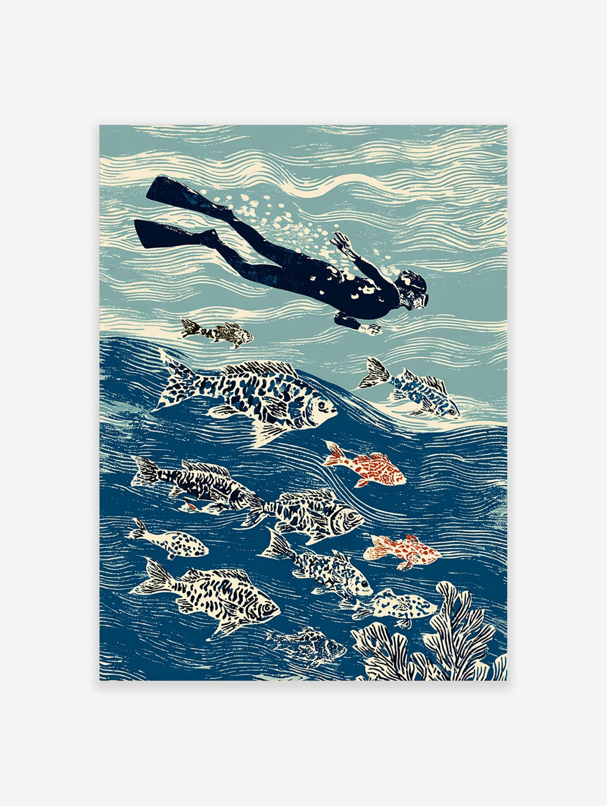 Illustrative print of a freediver swimming with patterned fish and coral in a blue ocean