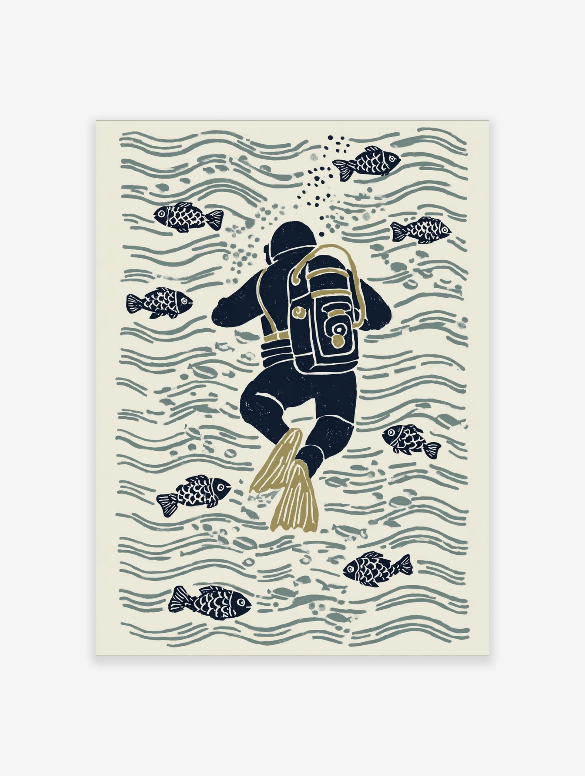 Illustrative print of a navy blue scuba diver with olive flippers swimming among fish and water ripples