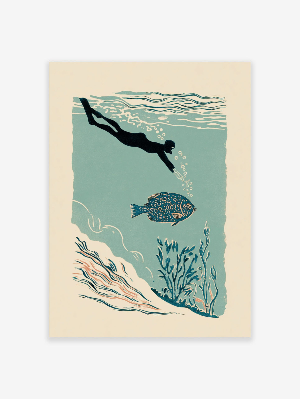 Illustrative print of a diver swimming with a patterned blue fish in teal water with underwater plants
