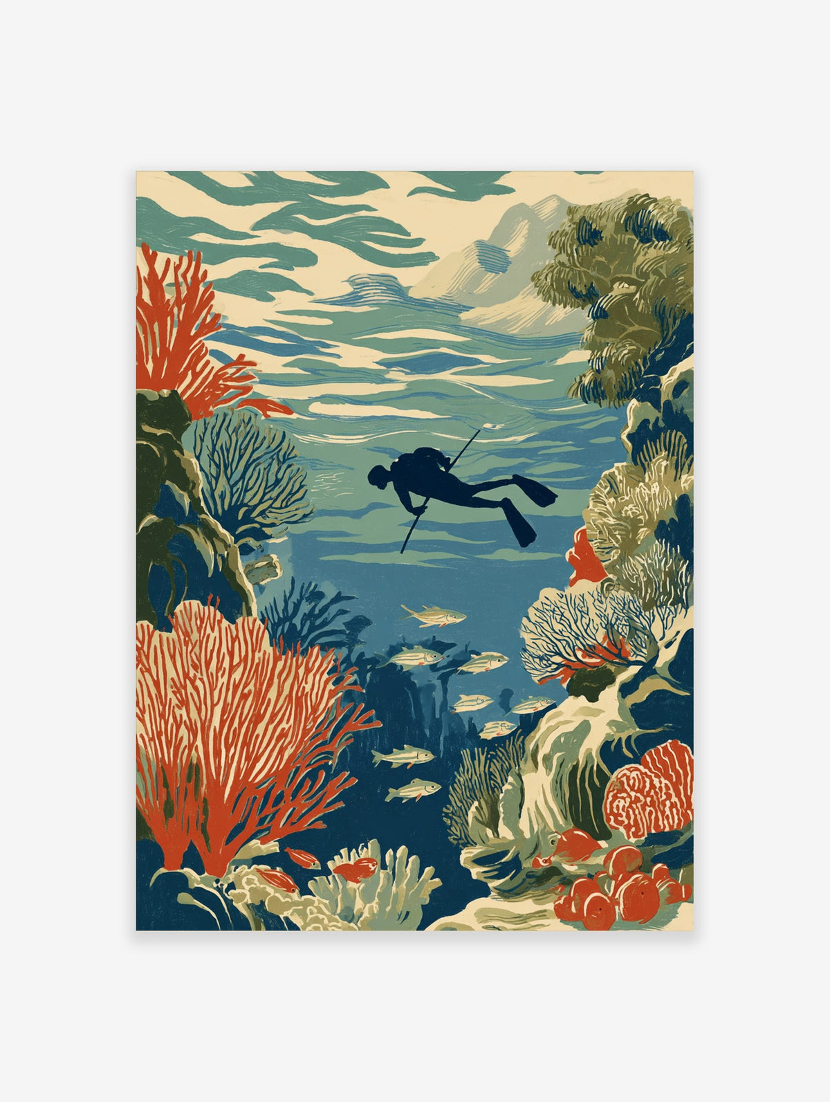 Underwater illustration of a diver with a spear, surrounded by red coral reefs and schools of fish