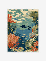 Underwater illustration of a diver with a spear, surrounded by red coral reefs and schools of fish