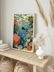 Underwater illustration of a diver with a spear, surrounded by red coral reefs and schools of, in an alternate framed mockup