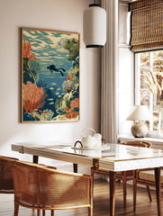 Underwater illustration of a diver with a spear, surrounded by red coral reefs and schools of fish, in a styled room mockup