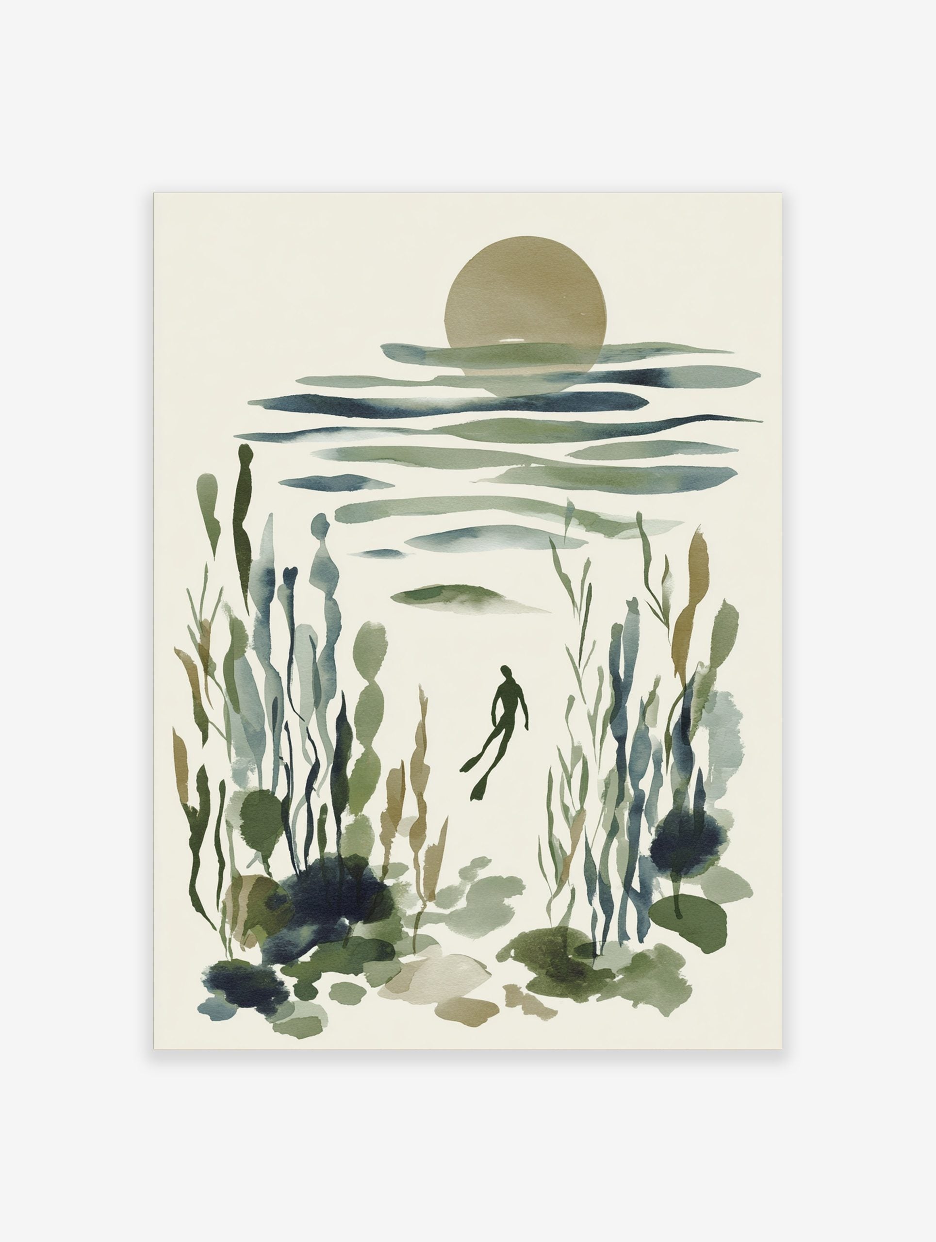 Underwater diver art print in watercolour style with green and blue marine plants and a muted sun