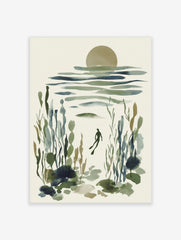 Underwater diver art print in watercolour style with green and blue marine plants and a muted sun