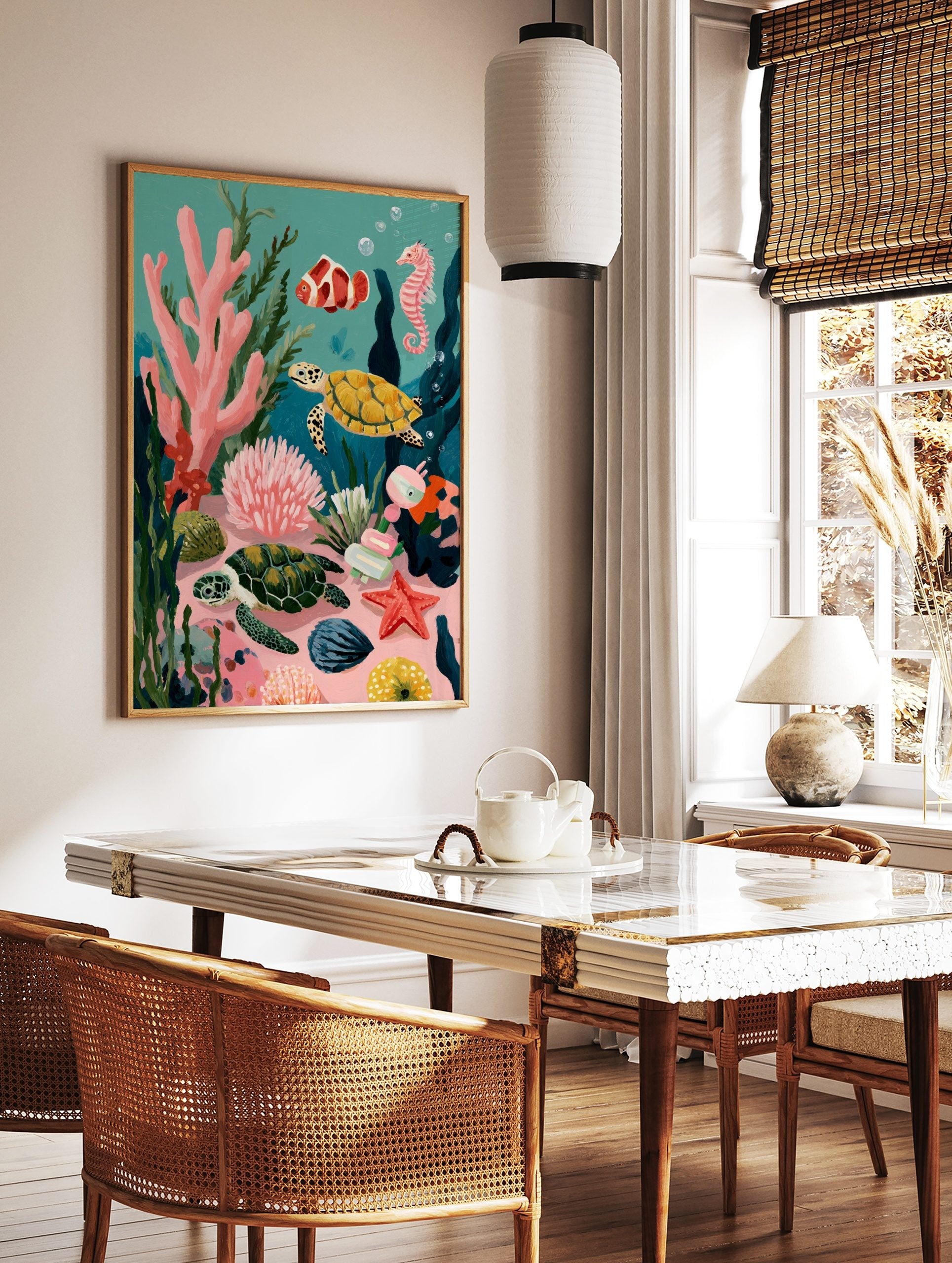 Illustrative underwater scene with two sea turtles, clownfish, seahorse, and colourful coral reef, in a styled room mockup