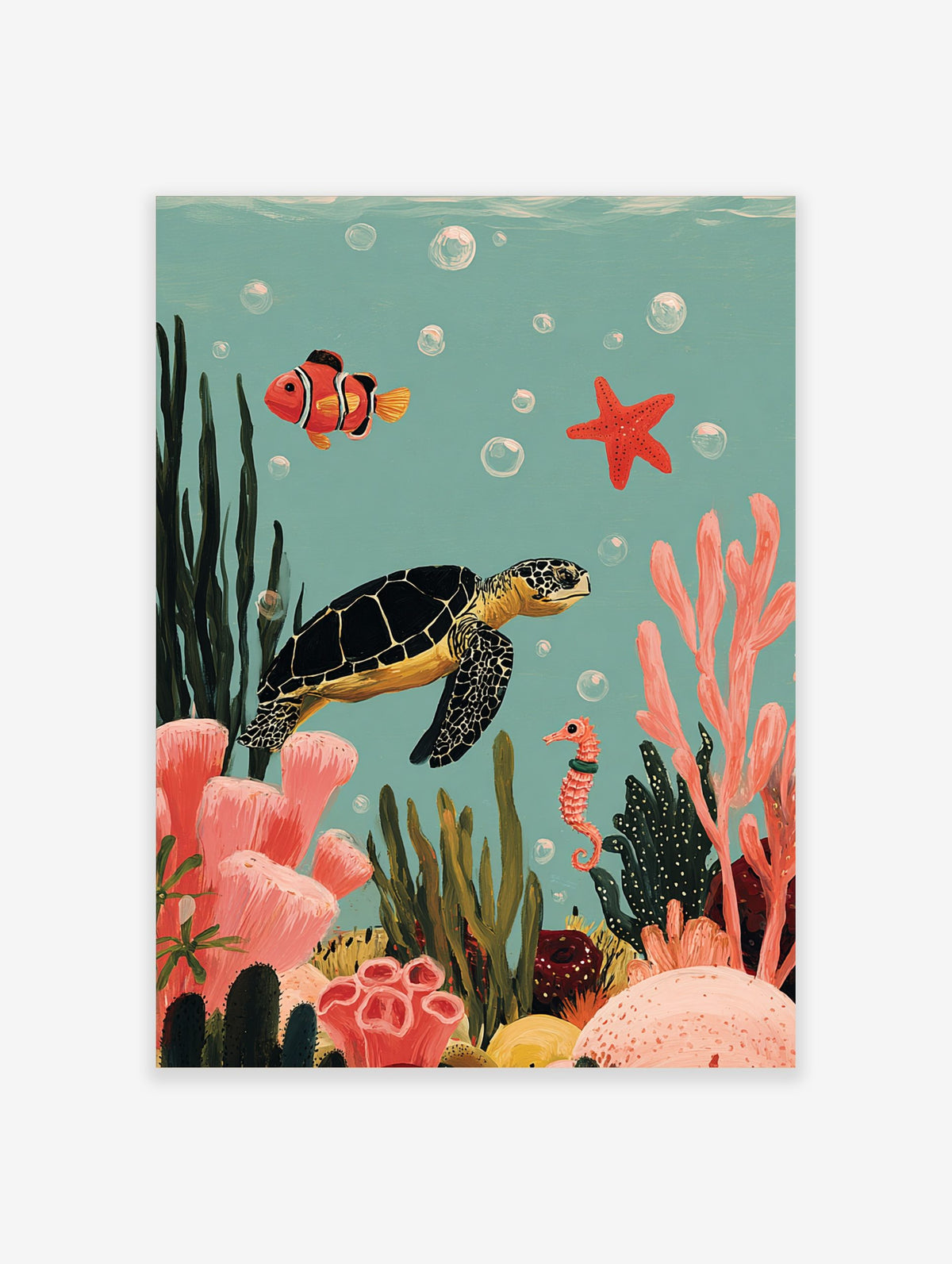 Colourful illustrative print of an underwater ocean scene with a sea turtle, clownfish, seahorse, and starfish