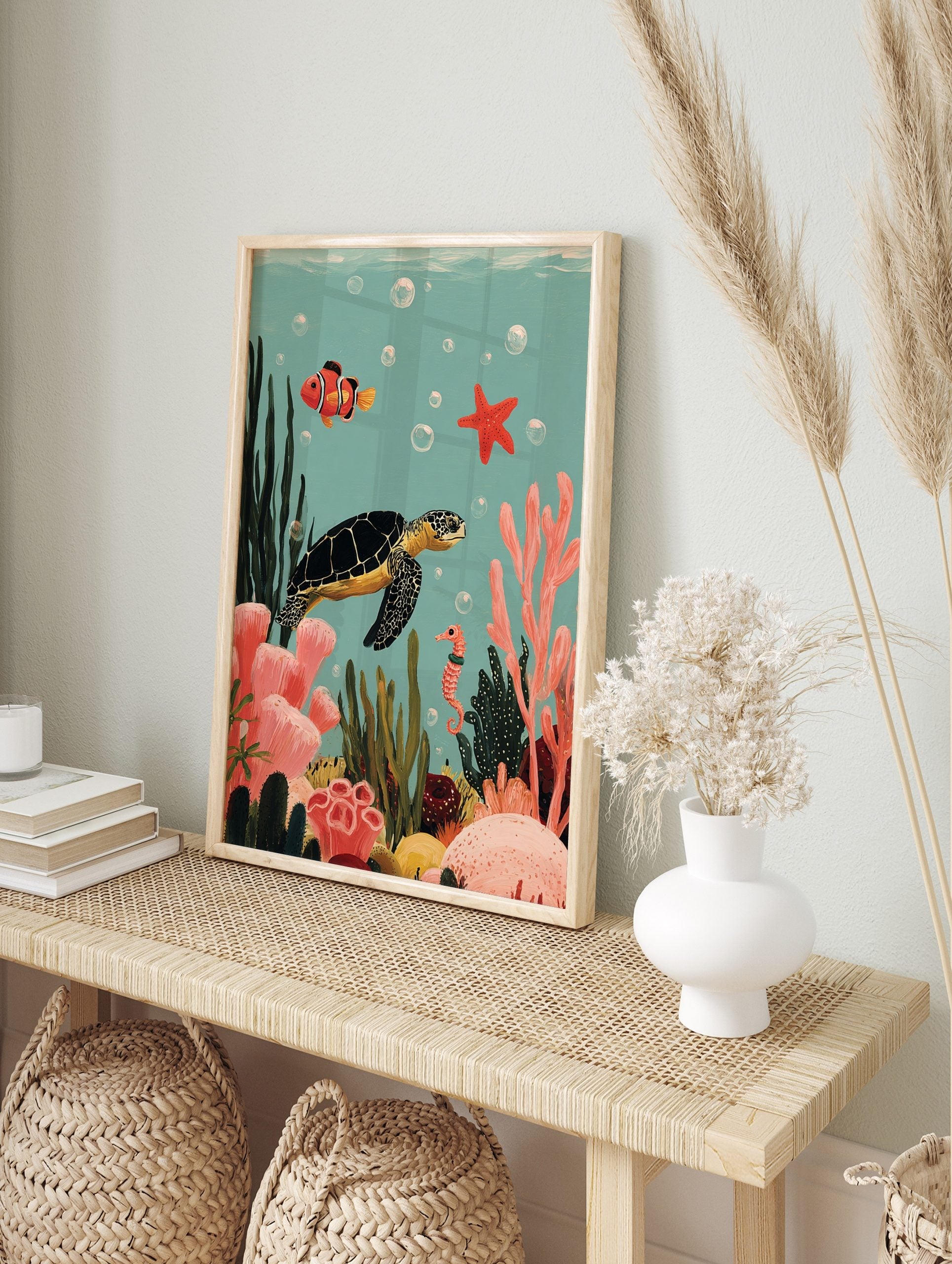 Colourful illustrative print of an underwater ocean scene with a sea turtle, clownfish, in an alternate framed mockup
