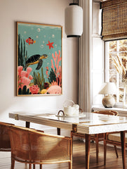 Colourful illustrative print of an underwater ocean scene with a sea turtle, clownfish, seahorse, in a styled room mockup